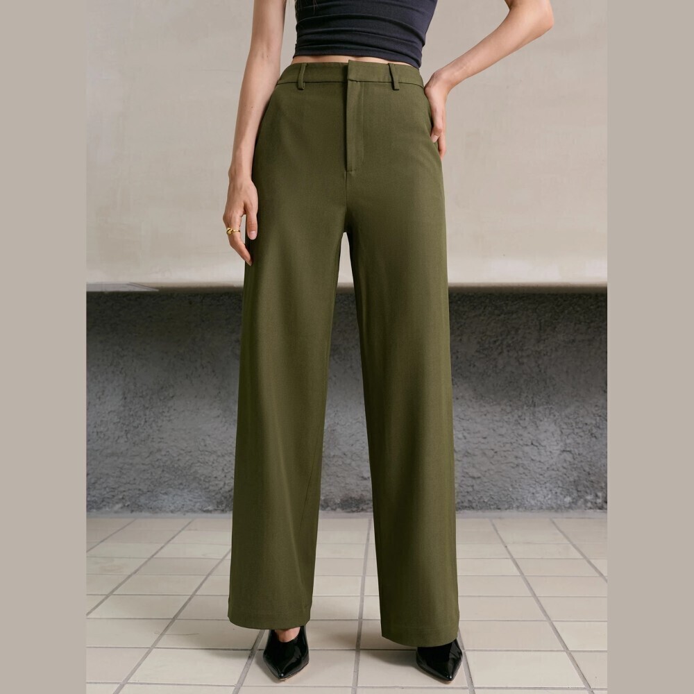 Olive Green Woven High Waist Relaxed Straight Leg Trouser Pants